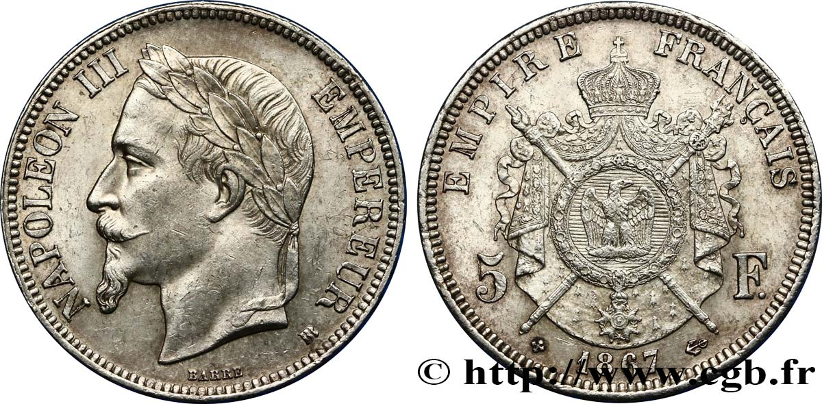 5 francs Napoléon III, tête laurée 1867 Strasbourg F.331/11 SPL55 