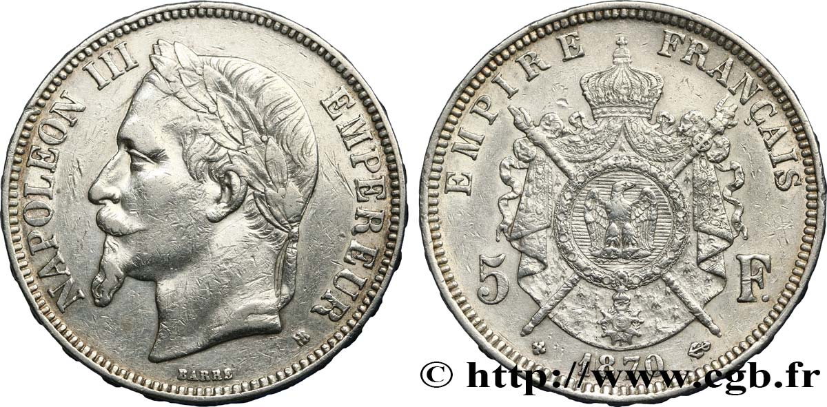 5 francs Napoléon III, tête laurée 1870 Strasbourg F.331/17 TTB40 