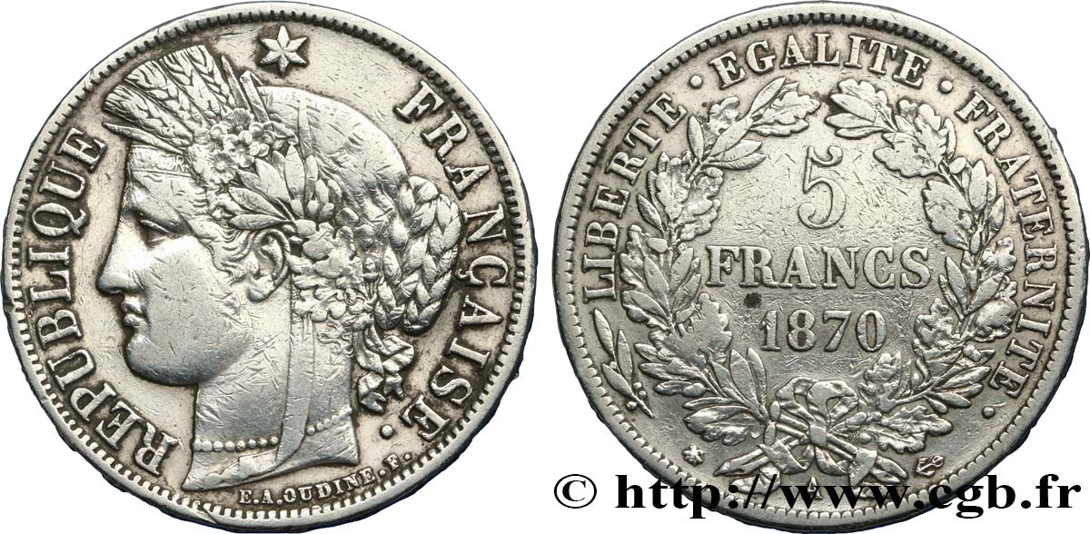 5 francs Cérès, avec légende 1870 Paris F.333/1 VF35 