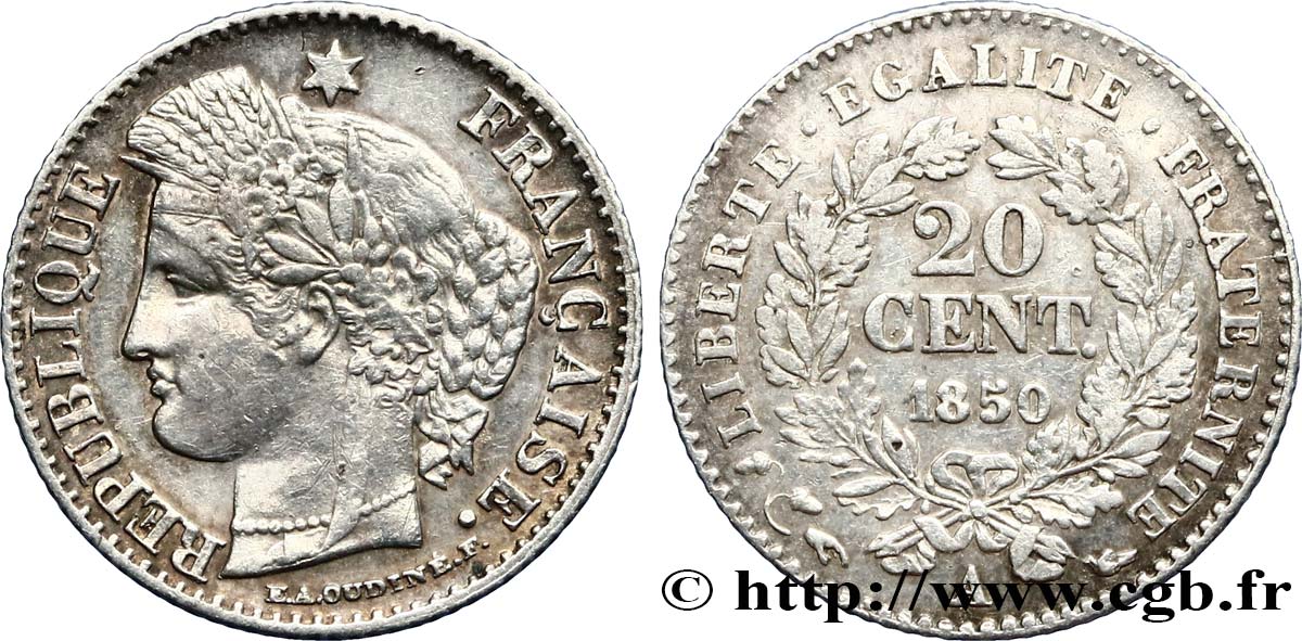 20 centimes Cérès, IIe République 1850 Paris F.146/2 VF35 