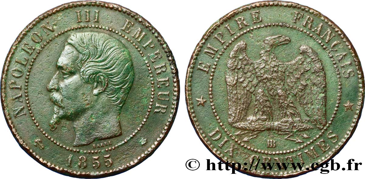 Dix centimes Napoléon III, tête nue, différent ancre 1855 Strasbourg F.133/24 TB 