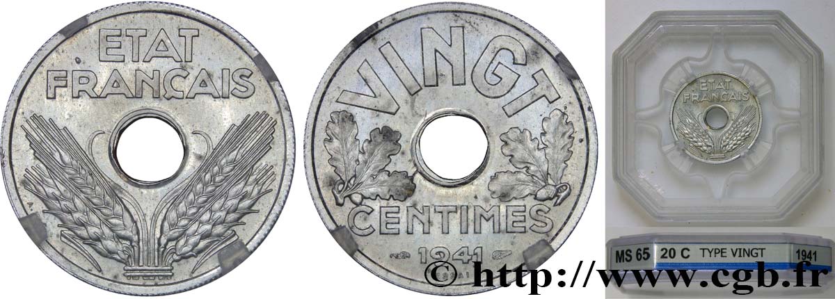 Essai de VINGT centimes État français 1941 Paris F.152/1 MS65 GENI