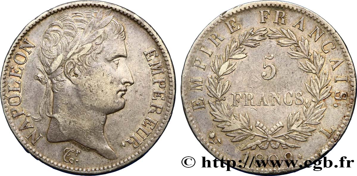 5 francs Napoléon Empereur, Empire français 1809 Bayonne F.307/8 MBC45 