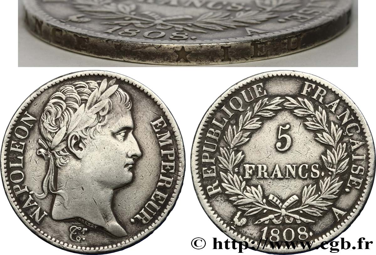 5 francs Napoléon Empereur, République française, Tranche Fautée en *IEU 1808 Paris F.306/2 SS40 