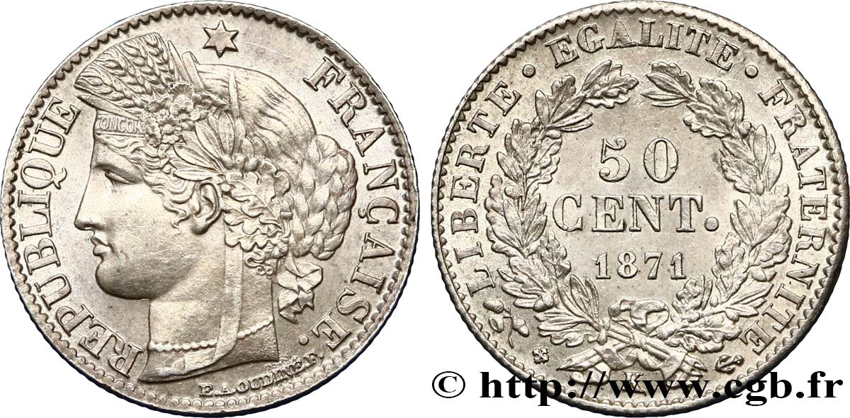 50 centimes Cérès, IIIe République 1871 Bordeaux F.189/2 MS60 