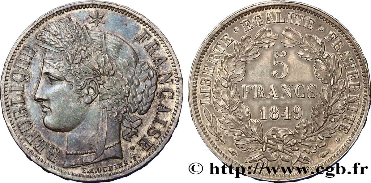 5 francs Cérès, IIe République 1849 Paris F.327/1 MS62 