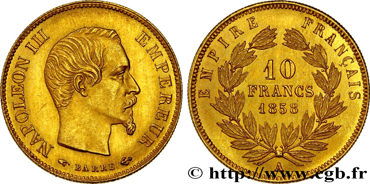 10 francs or Napoléon III, tête nue 1858 Paris F.506/5 EBC58 