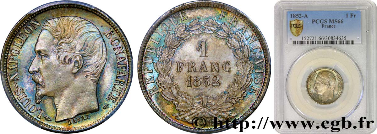 1 franc Louis-Napoléon 1852 Paris F.212/1 ST66 PCGS