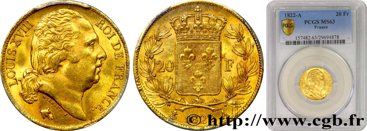 20 francs or Louis XVIII, tête nue 1822 Paris F.519/26 fST63 PCGS