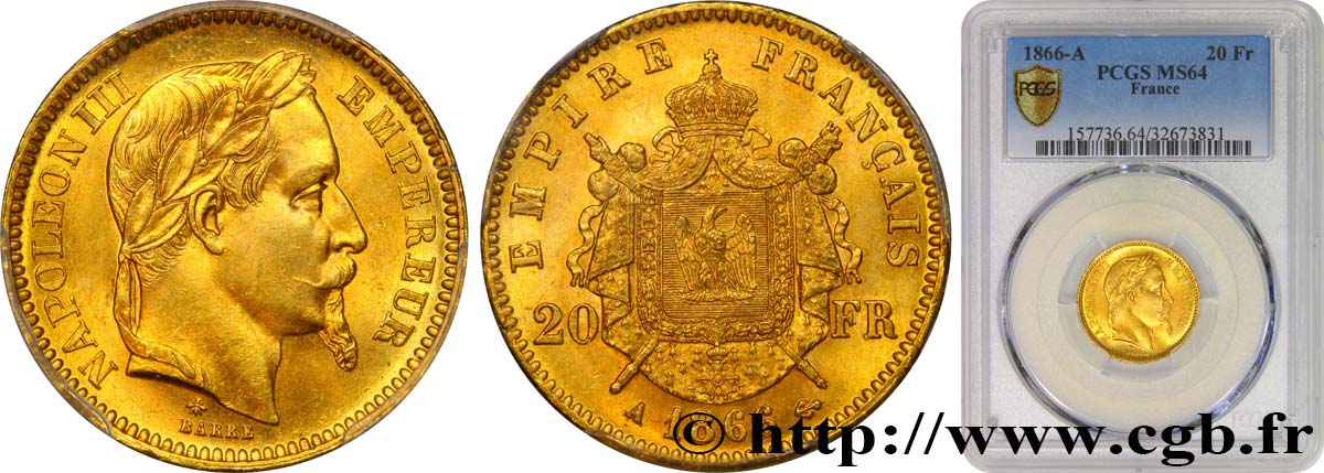 20 francs or Napoléon III, tête laurée 1866 Paris F.532/13 SPL64 PCGS