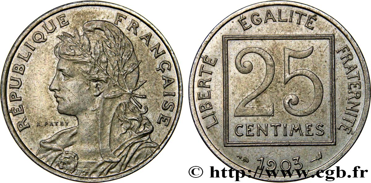Piéfort de 25 centimes Patey, 1er type, sans le mot ESSAI 1903 Paris GEM.60 P2 AU58 