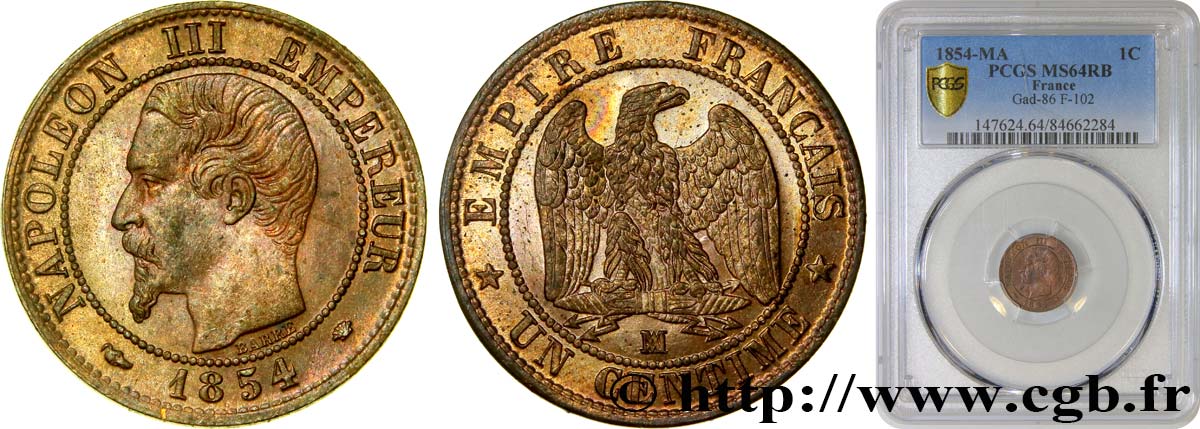 Un centime Napoléon III, tête nue 1854 Marseille F.102/14 SC64 PCGS