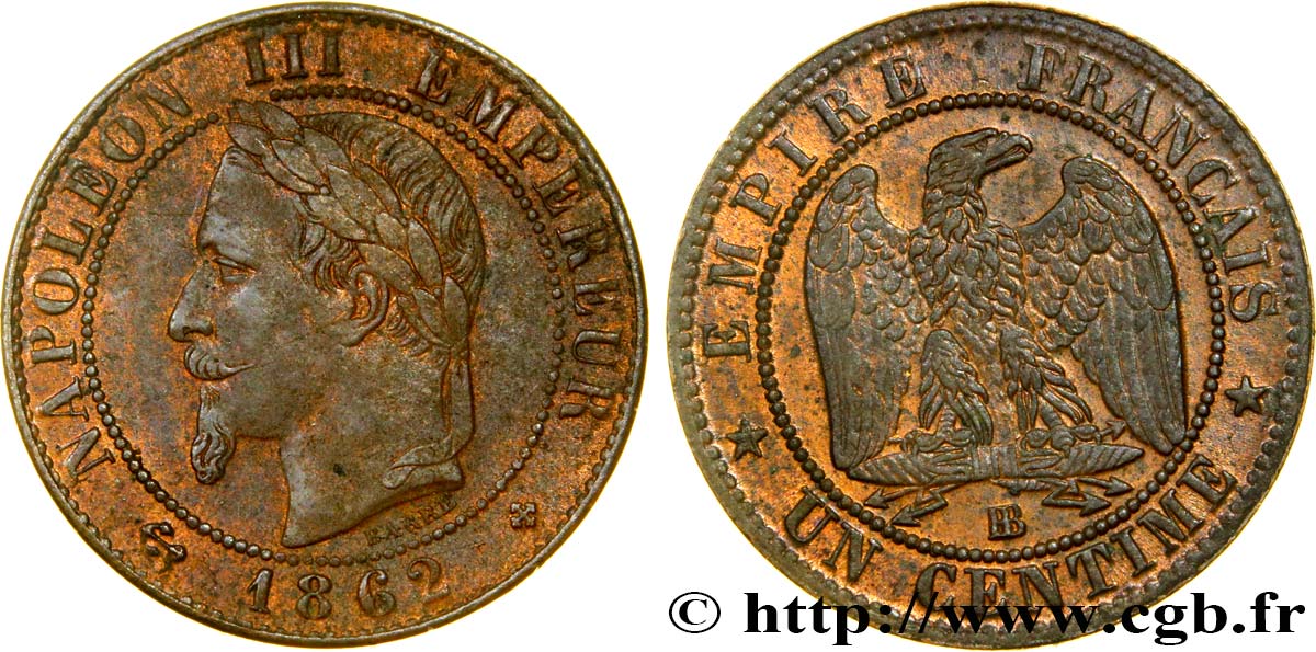 Un centime Napoléon III, tête laurée 1862 Strasbourg F.103/5 TTB48 