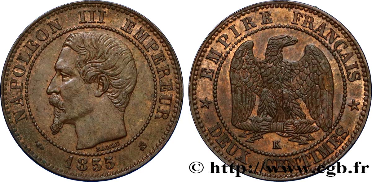 Deux centimes Napoléon III, tête nue 1855 Bordeaux F.107/33 SS54 