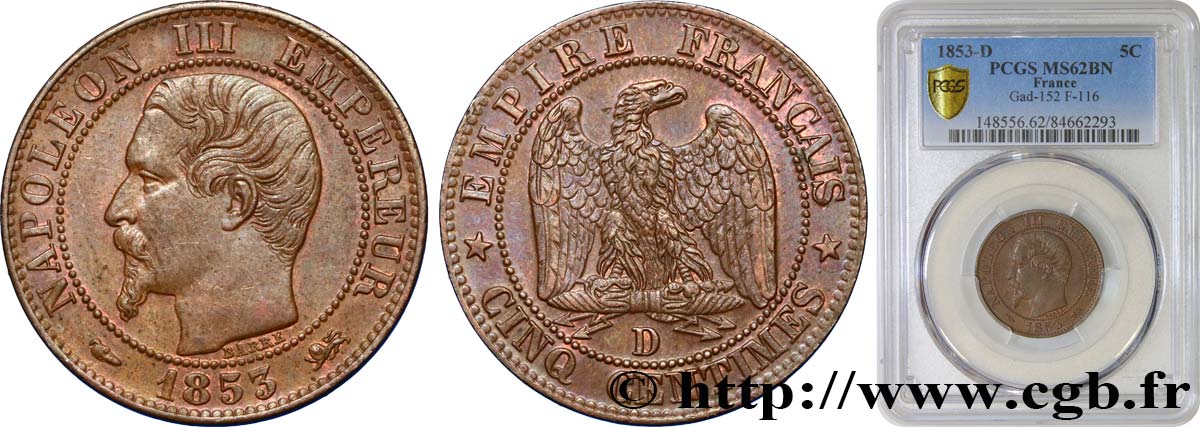 Cinq centimes Napoléon III, tête nue 1853 Lyon F.116/4 SUP62 PCGS