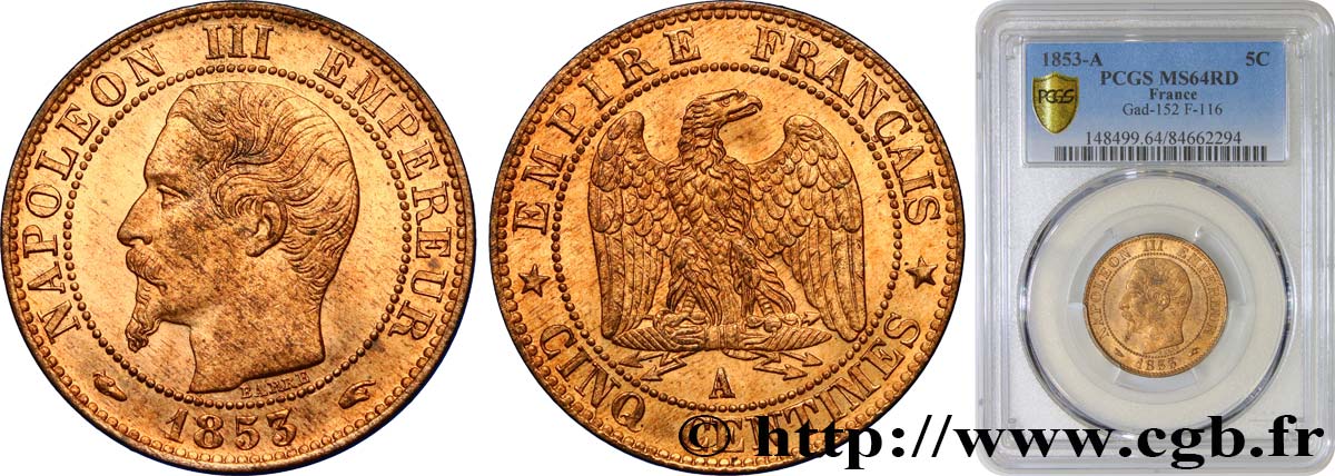 Cinq centimes Napoléon III, tête nue 1853 Paris F.116/1 SC64 PCGS