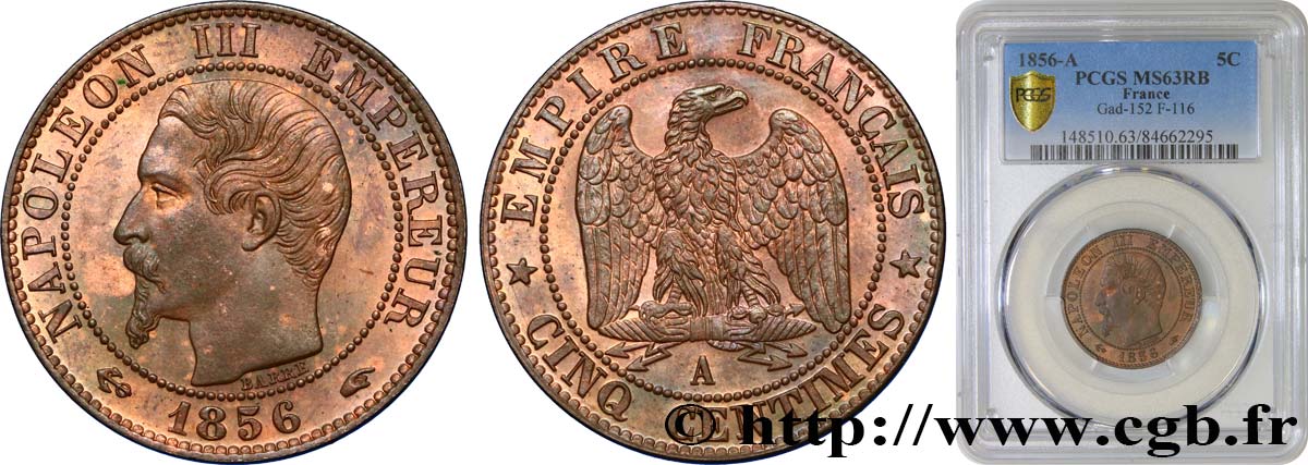 Cinq centimes Napoléon III, tête nue 1856 Paris F.116/30 MS63 PCGS