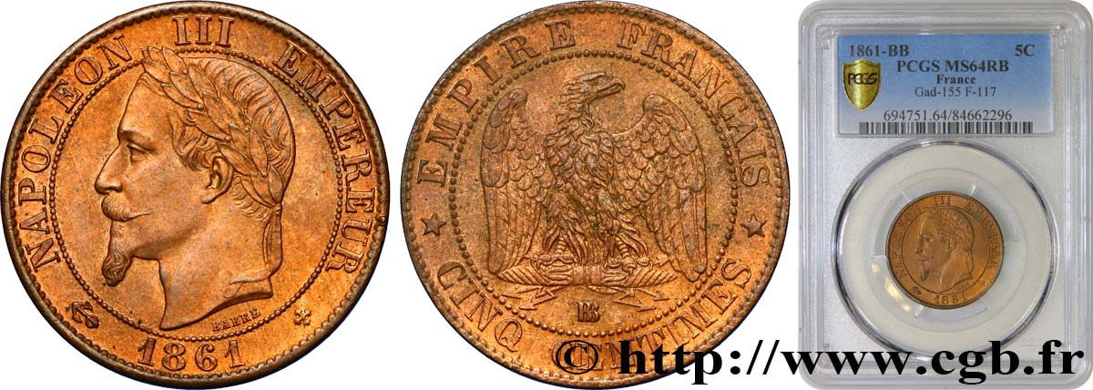 Cinq centimes Napoléon III, tête laurée 1861 Strasbourg F.117/3 SPL64 PCGS