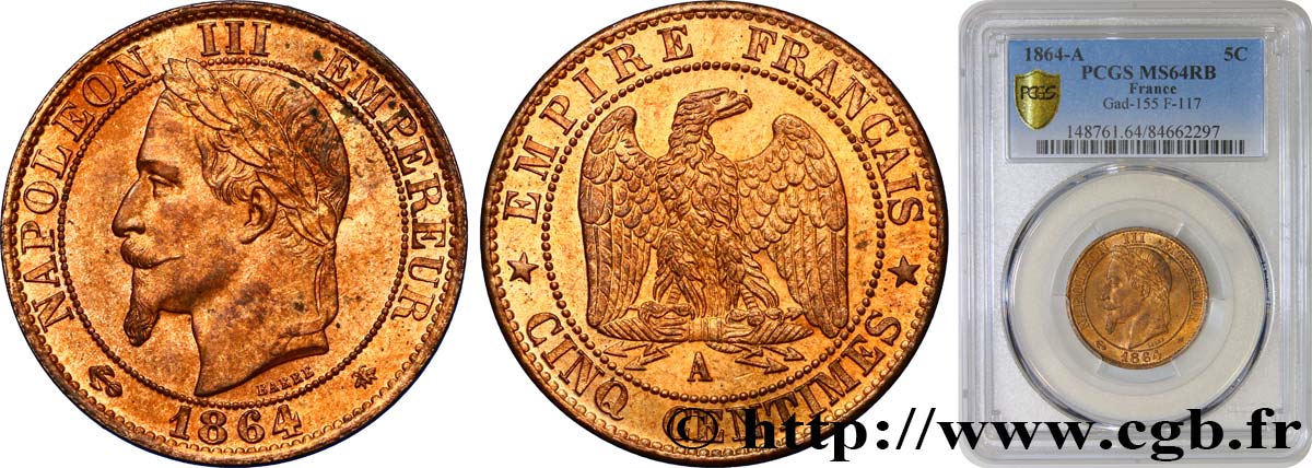 Cinq centimes Napoléon III, tête laurée 1864 Paris F.117/13 SPL64 PCGS