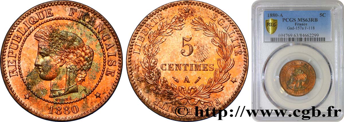 5 centimes Cérès 1880 Paris F.118/21 fST63 PCGS