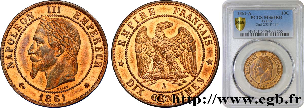 Dix centimes Napoléon III, tête laurée 1861 Paris F.134/4 MS64 PCGS
