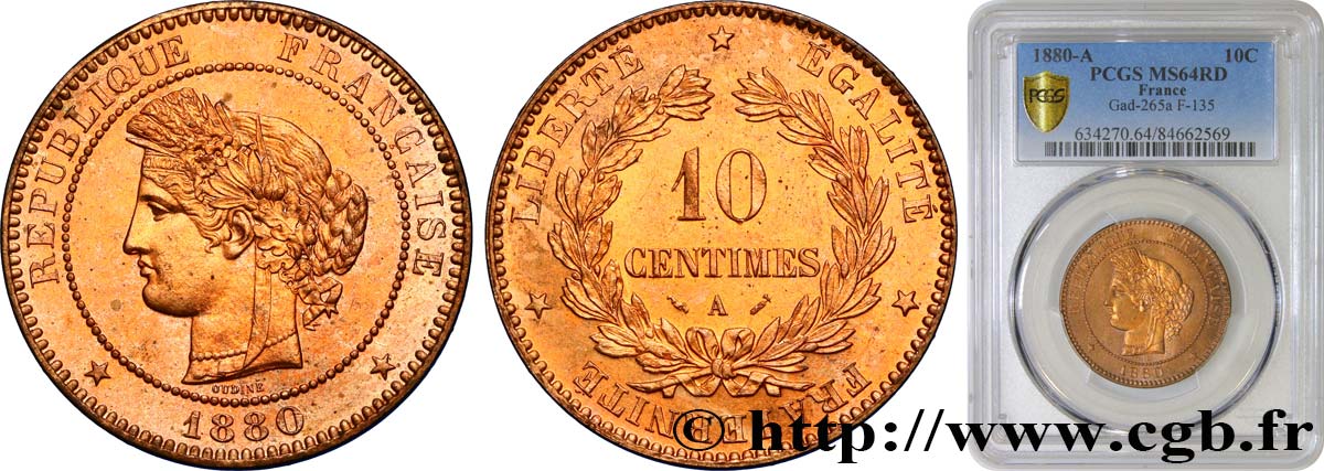 10 centimes Cérès 1880 Paris F.135/24 fST64 PCGS
