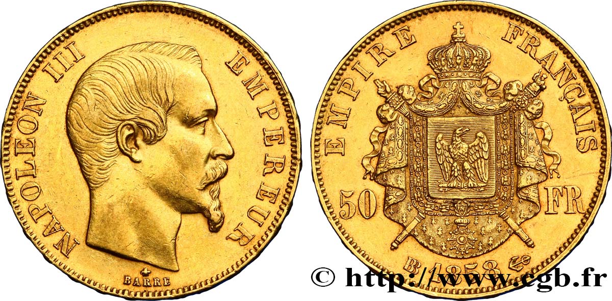 50 francs or Napoléon III, tête nue 1858 Strasbourg F.547/6 MBC48 
