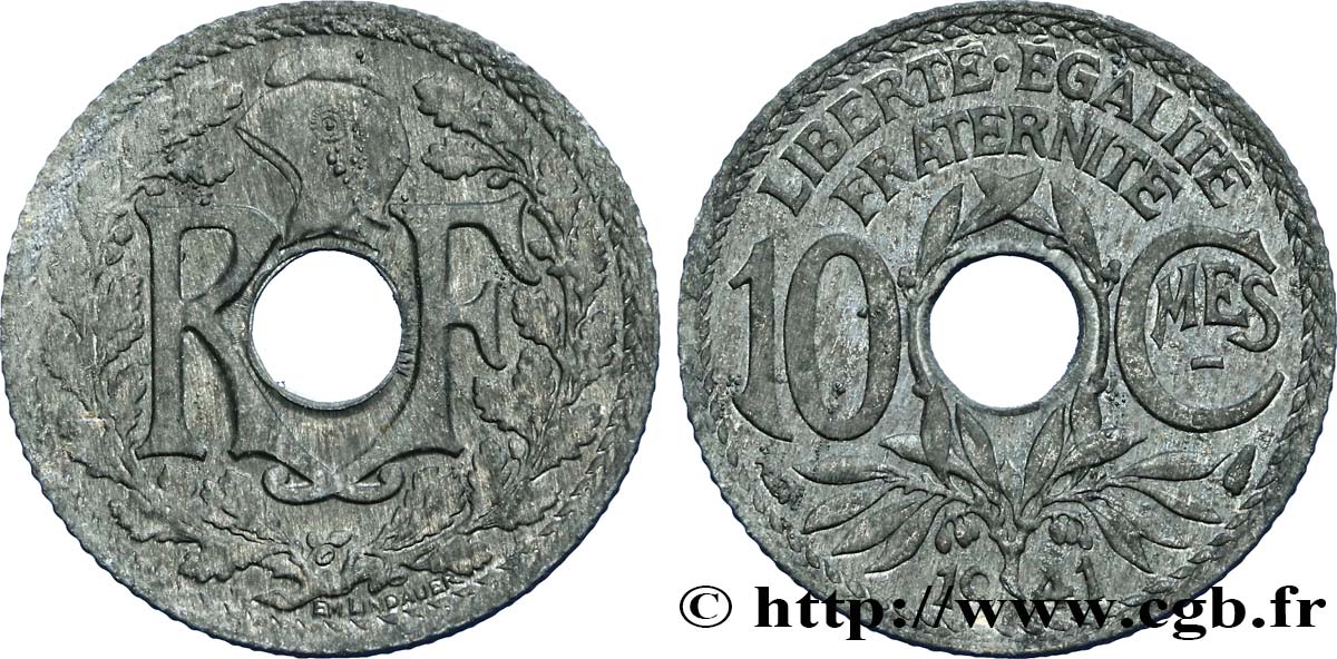 10 centimes Lindauer en zinc, Cmes souligné et millésime sans points 1941  F.140/1 AU52 