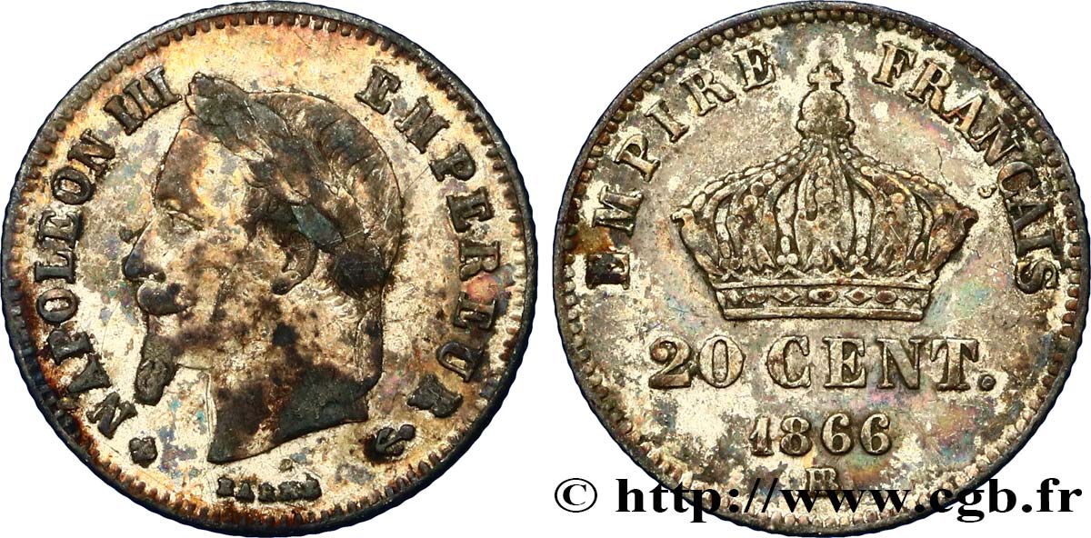 20 centimes Napoléon III, tête laurée, petit module 1866 Strasbourg F.149/5 VF20 