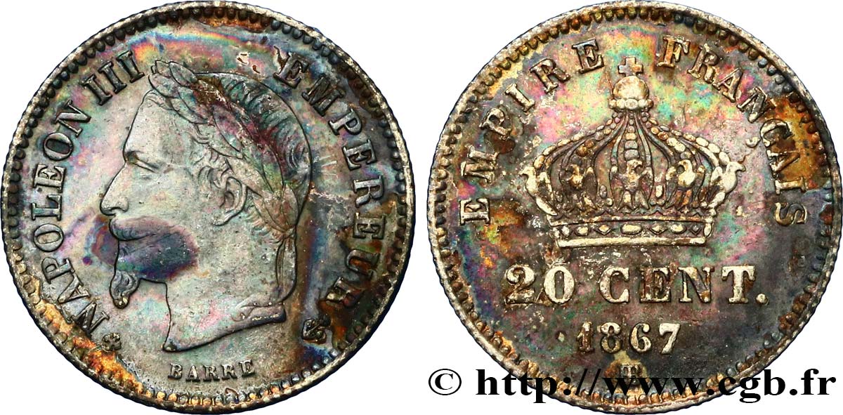 20 centimes Napoléon III, tête laurée, grand module 1867 Paris F.150/1 SS45 