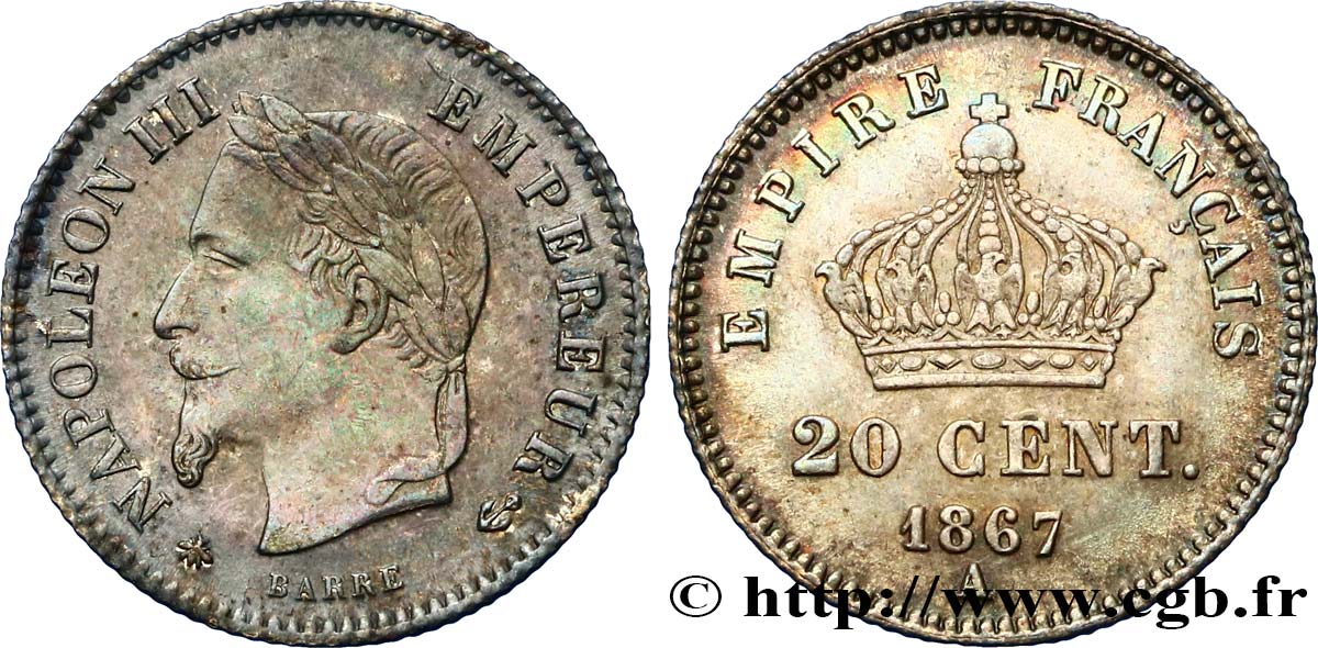 20 centimes Napoléon III, tête laurée, grand module 1867 Paris F.150/1 AU55 