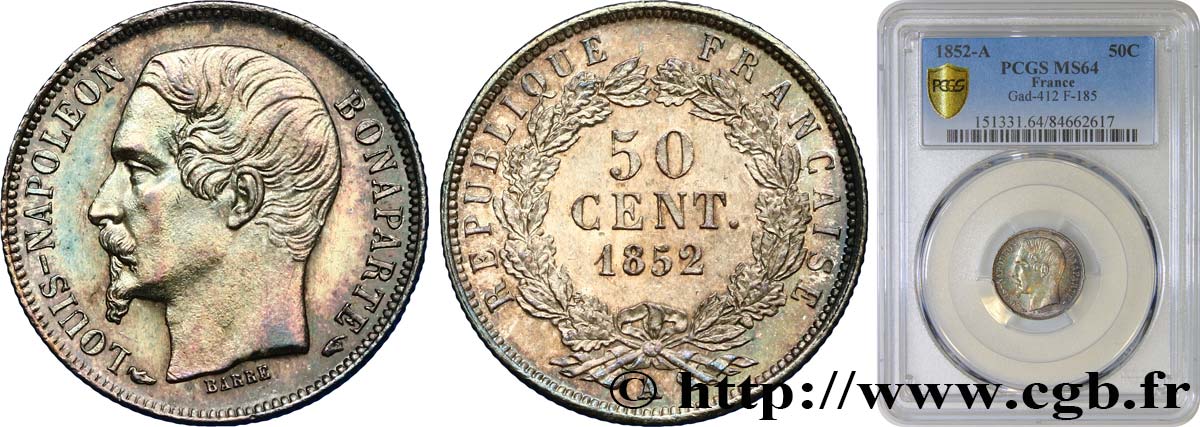 50 centimes Louis-Napoléon 1852 Paris F.185/1 MS64 PCGS