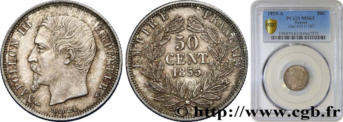 50 centimes Napoléon III, tête nue 1855 Paris F.187/3 SPL63 PCGS