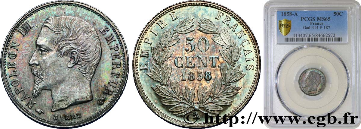 50 centimes Napoléon III, tête nue 1858 Paris F.187/9 MS65 PCGS