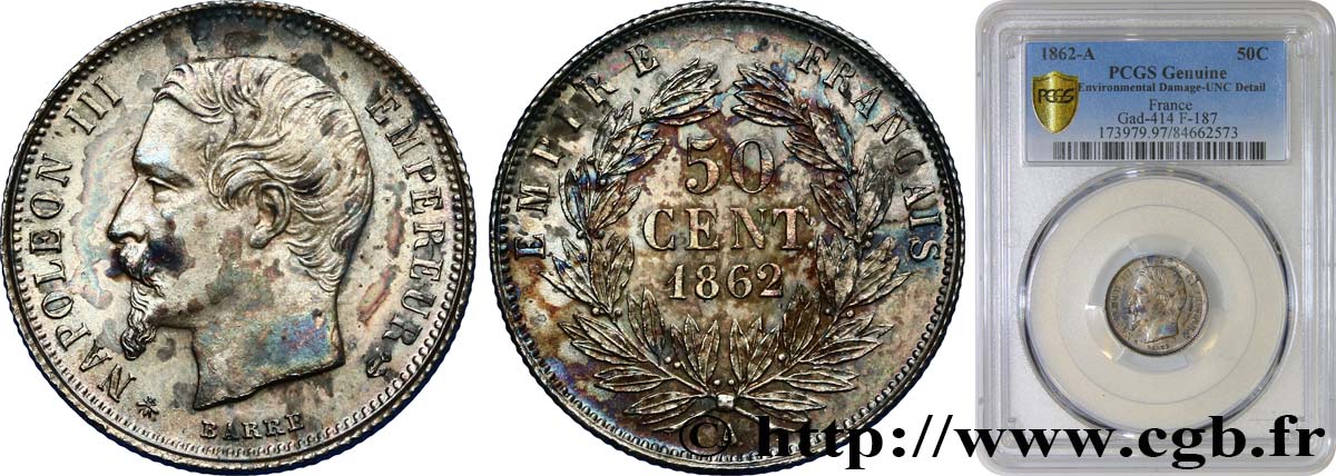 50 centimes Napoléon III, tête nue 1862 Paris F.187/16 EBC+ PCGS