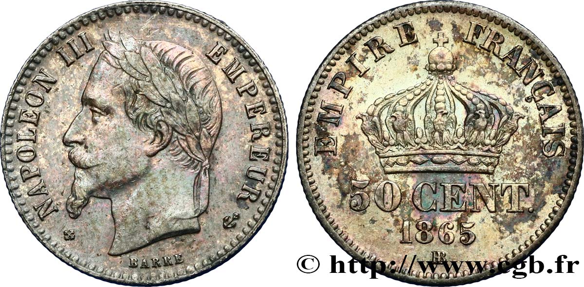 50 centimes Napoléon III, tête laurée 1865 Strasbourg F.188/7 SPL55 