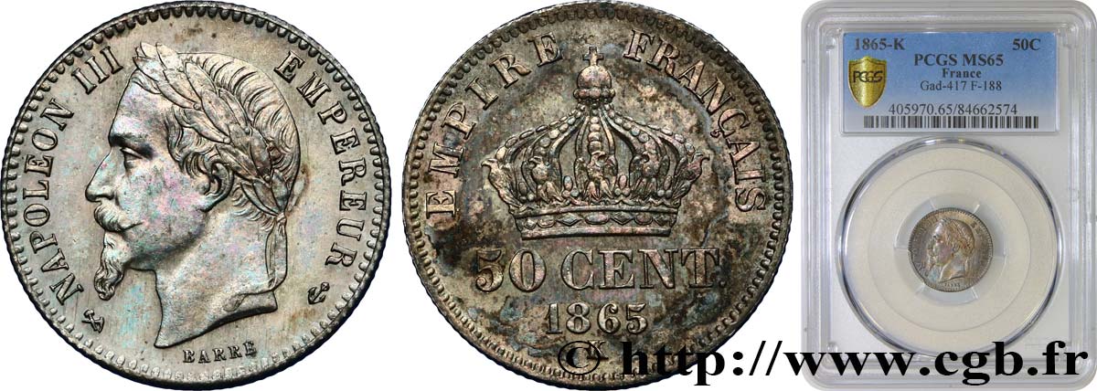 50 centimes Napoléon III, tête laurée 1865 Bordeaux F.188/8 FDC65 PCGS