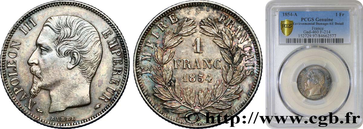 1 franc Napoléon III, tête nue 1854 Paris F.214/2 AU PCGS
