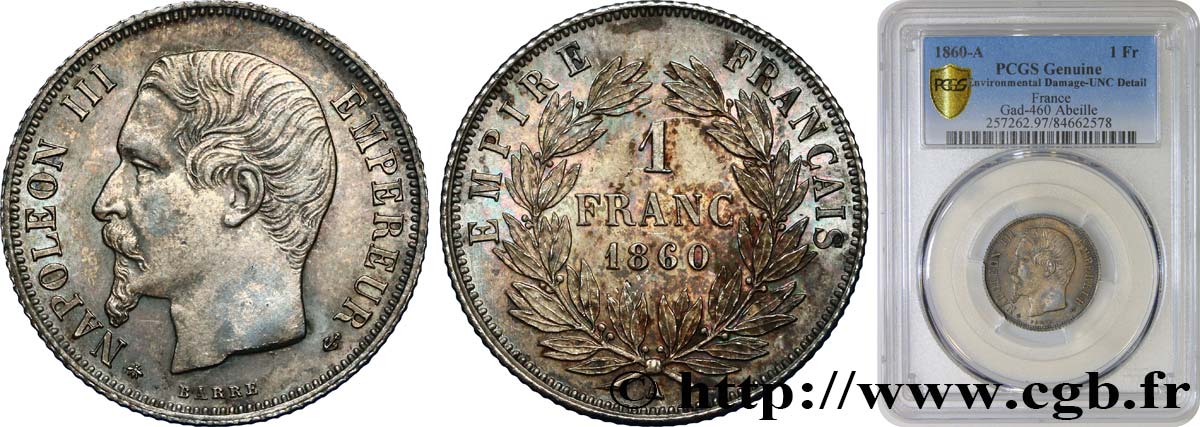 1 franc Napoléon III, tête nue 1860 Paris F.214/15 SPL+ PCGS