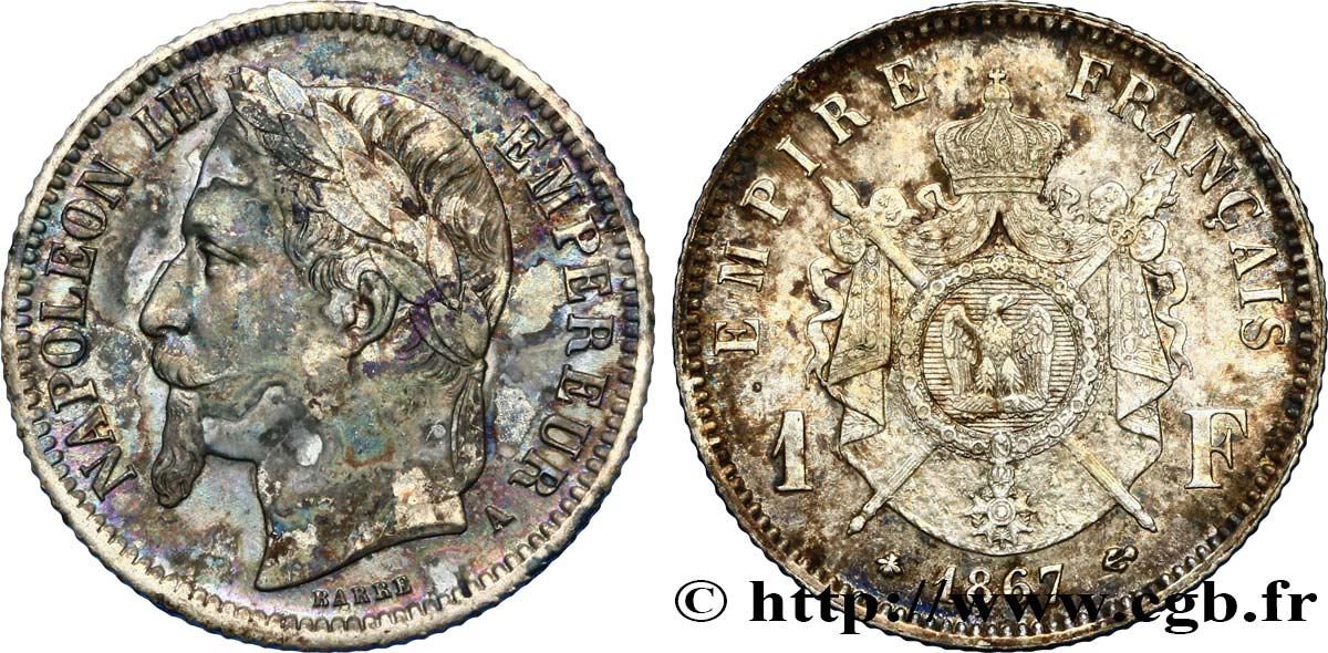 1 franc Napoléon III, tête laurée 1867 Paris F.215/6 MBC48 