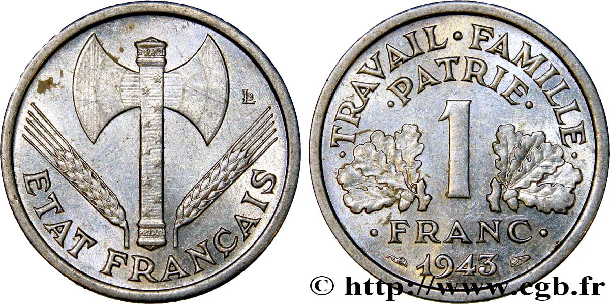 1 franc Francisque, légère 1943  F.223/3 SUP58 