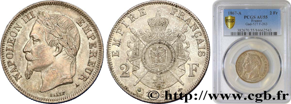 2 francs Napoléon III, tête laurée  1867 Paris F.263/5 AU55 PCGS