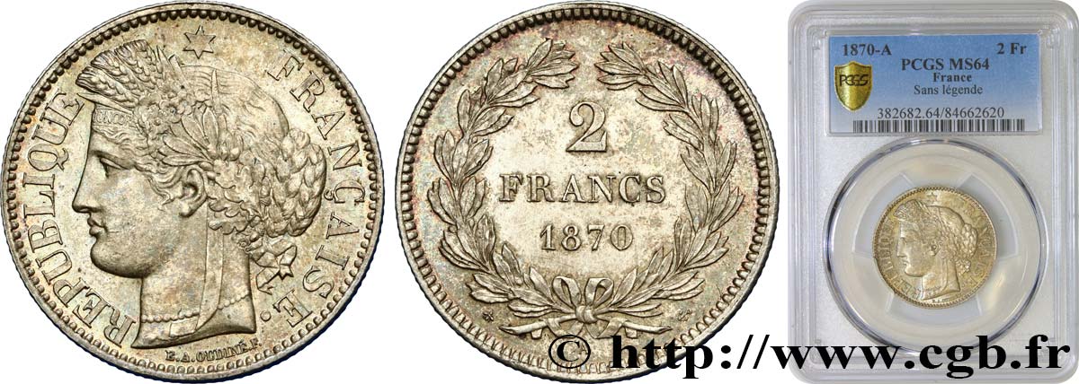2 francs Cérès, sans légende 1870 Paris F.264/1 SPL64 PCGS