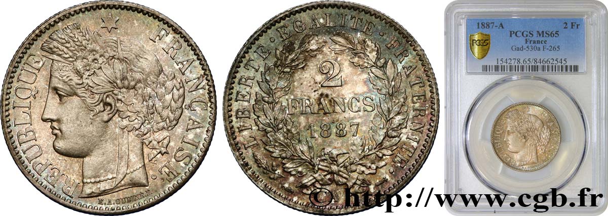 2 francs Cérès, avec légende 1887 Paris F.265/13 MS65 PCGS
