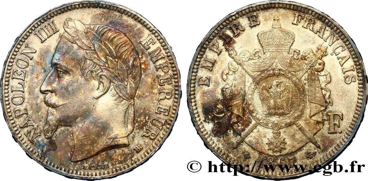 5 francs Napoléon III, tête laurée 1867 Strasbourg F.331/11 EBC55 