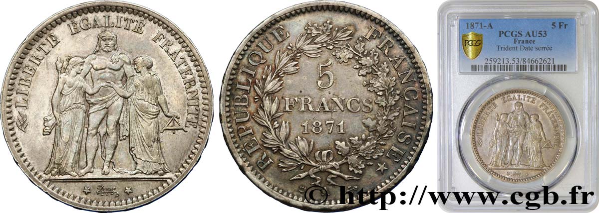 5 francs Hercule, dite “Camélinat” 1871 Paris F.334/3 BB53 PCGS
