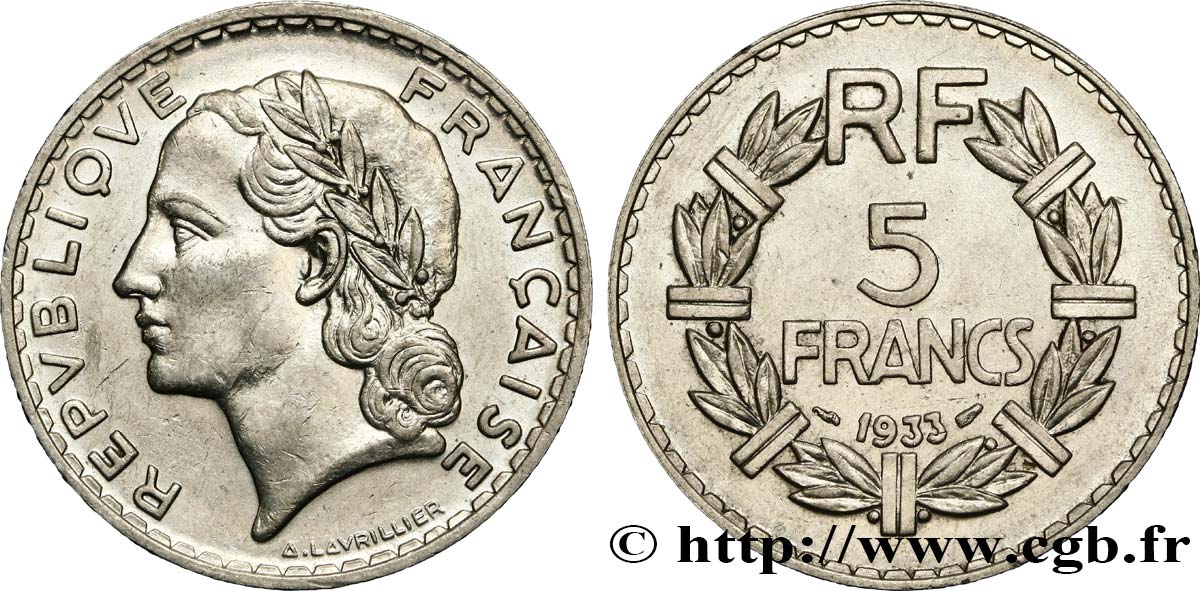 5 francs Lavrillier, nickel 1933  F.336/2 TTB52 