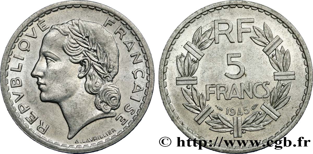 5 francs Lavrillier, aluminium 1945  F.339/3 AU55 