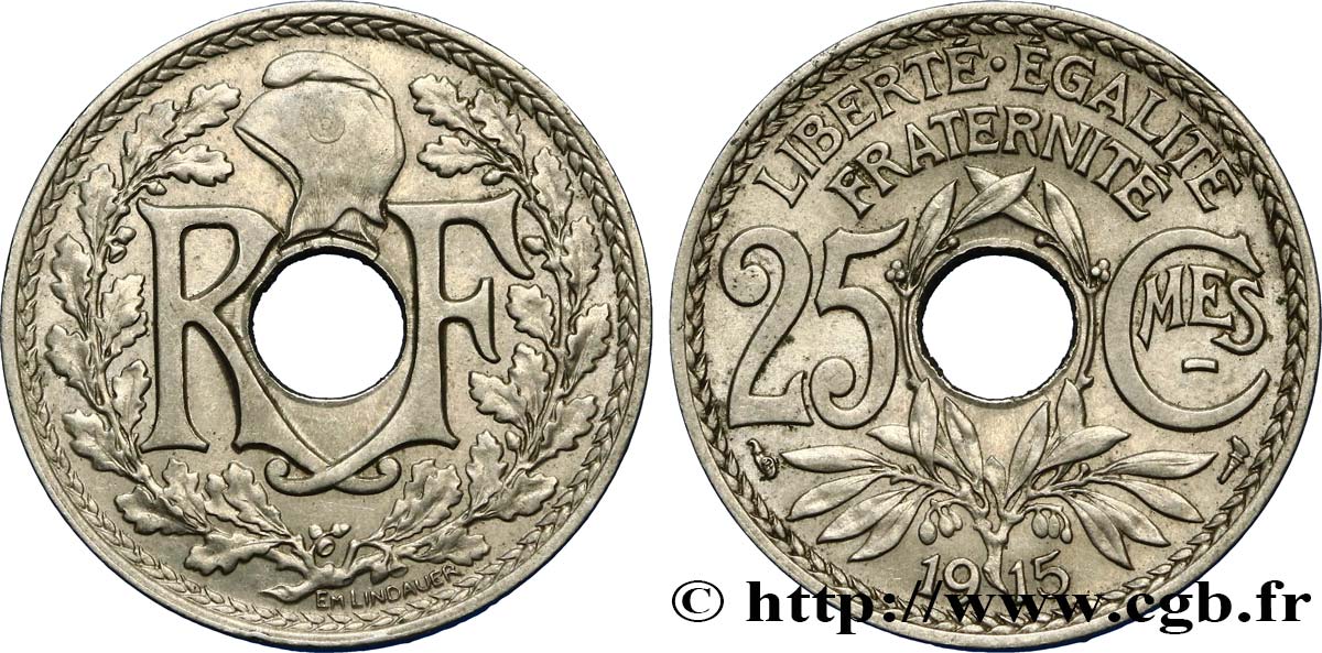 25 centimes Lindauer, Cmes souligné 1915  F.170/3 AU52 