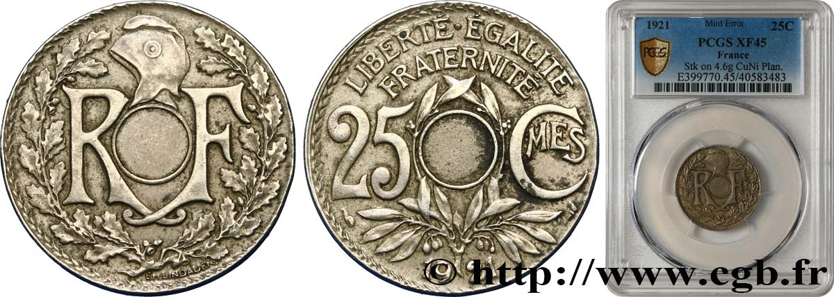 25 centimes Lindauer, doublement Fautée (non perforé et poids léger) 1921  F.171/5 var. XF45 PCGS